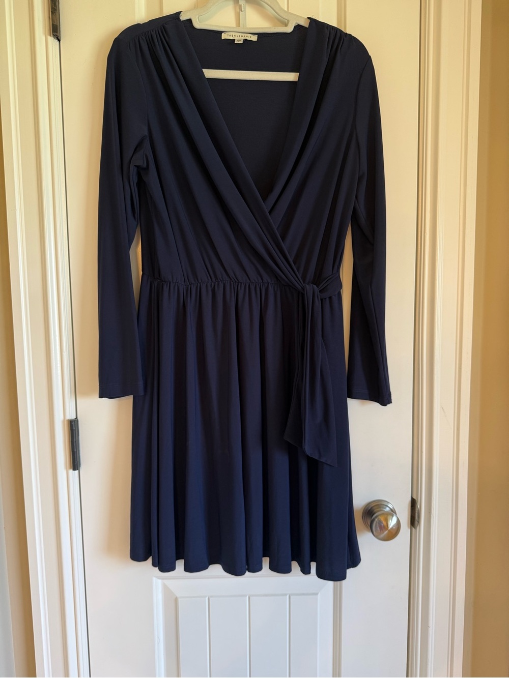 Classic Navy Wrap Long-Sleeve Dress with Tie Waist